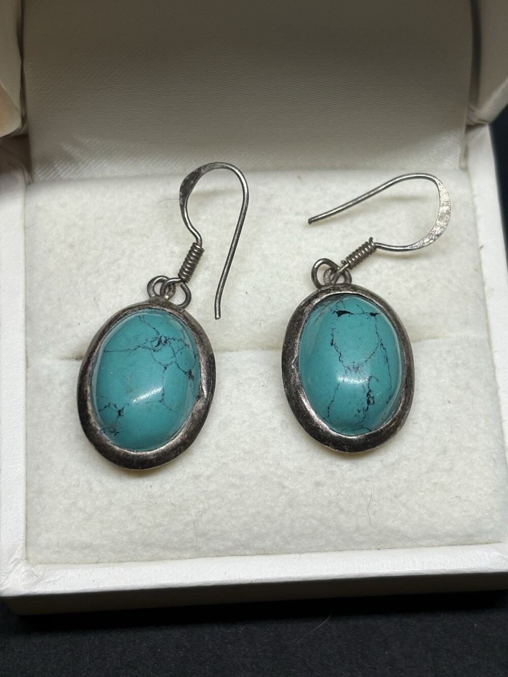 Vintage Sterling Silver Turquoise Oval Cabochon Dangle Earrings Fish Hook Wires